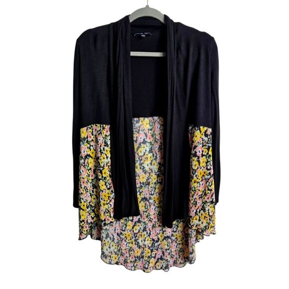 Kim & Cami Floral Micro Pleats Open Front Cardigan Mixed Media Relaxed Fit Sz S - Picture 2 of 9